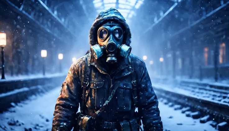 High resolution, detailed illustration, man wearing a gas mask, snowing ice, post-apocalyptic city, Metro Exodus game vibe, captivating atmospheric lighting, desolate ambiance, immersive composition, captured by a renowned digital artist, trending on art p...