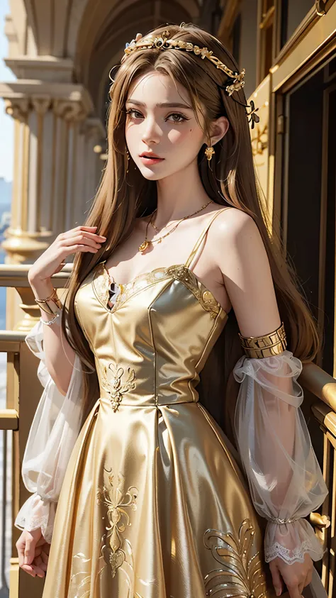 8k, masterpiece, 1 girl, beautiful face, very long hair, hair ornament, light makeup, detailed eyes, small breast, ultra detailed clothes, (golden princess dress:1.5), lace:1.5, ((closed up)), necklace, jewellery, amazing balcony background,