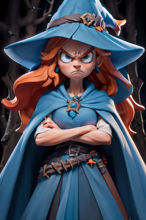 masterpiece, best quality, angry female witch in the forest with arms crossed wearing a blue pointy hat and orange hair and a blue cape and blue cloak