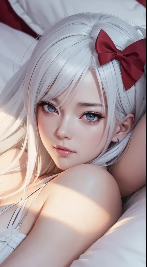 a close up of a woman laying on a bed with a red bow, perfect white haired girl, guweiz, artwork in the style of guweiz, realistic anime 3 d style, girl with white hair, realistic anime art style, photorealistic anime, smooth anime cg art, anime realism st...