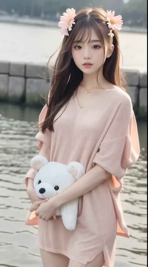 1girl walking on the river, mix4, Low-cut clothing, pillow, lips, open_mouth, realistic, photo_(medium), solo, stuffed_animal, stuffed_toy, teddy_bear,(masterpiece),(fidelity:1.3),ultra - detailed,（Highly detailed skin：1.2），（best qualtiy：1.0），（超高分辨率：1.0），（...