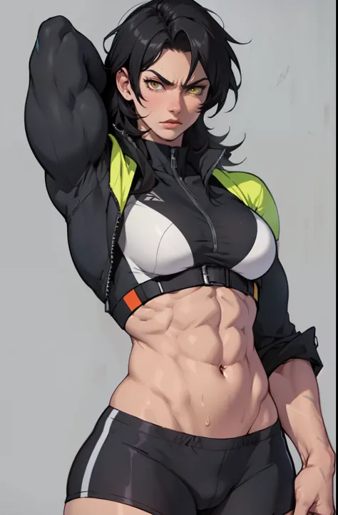 (((((muscular girl breasts))))) angry pale skin black hair yellow eyes best quality