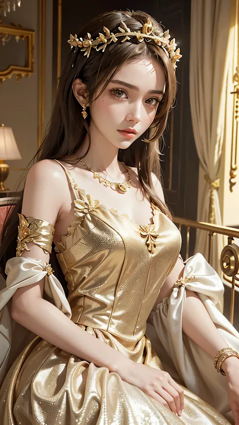 8k, masterpiece, 1 girl, beautiful face, very long hair, hair ornament, light makeup, detailed eyes, small breast, ultra detailed clothes, (golden princess dress:1.5), lace:1.5, ((closed up)), necklace, jewellery, amazing balcony background, sitting,