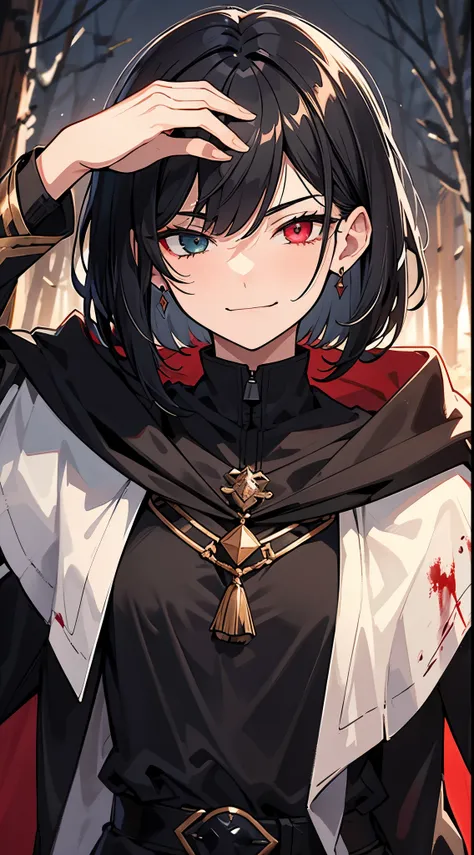 [[[ ultra-detailed, best quality, soft skin, beautiful, 4K]]] black hair, black eyes, medium hair, disheveled bob, adventurer cloak, forests, blood skies, evil, sinister, smirking, scheming, hardened expression,  black heterochromia, fit body