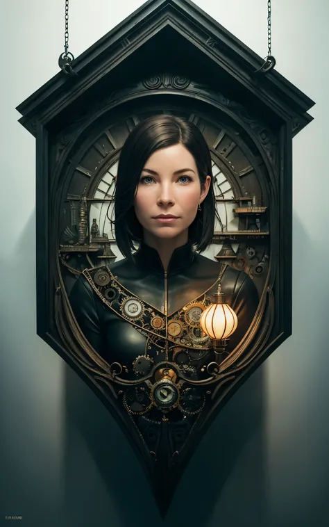 (Evangeline Lilly) is a beautiful charming woman carved out of dark smoke, dressed as a Steampunk girl in black, circular colored smoke, waves of shadows at night, abstract skull ornaments, pixie back fade haircut, soft colors, flat 4d street art in the st...