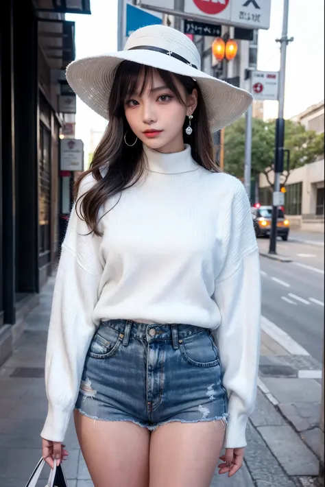 an extremely beautiful asian girl,solo,mature girls,alone on the street,white turtleneck long-sleeved sweater,denim short,black ...