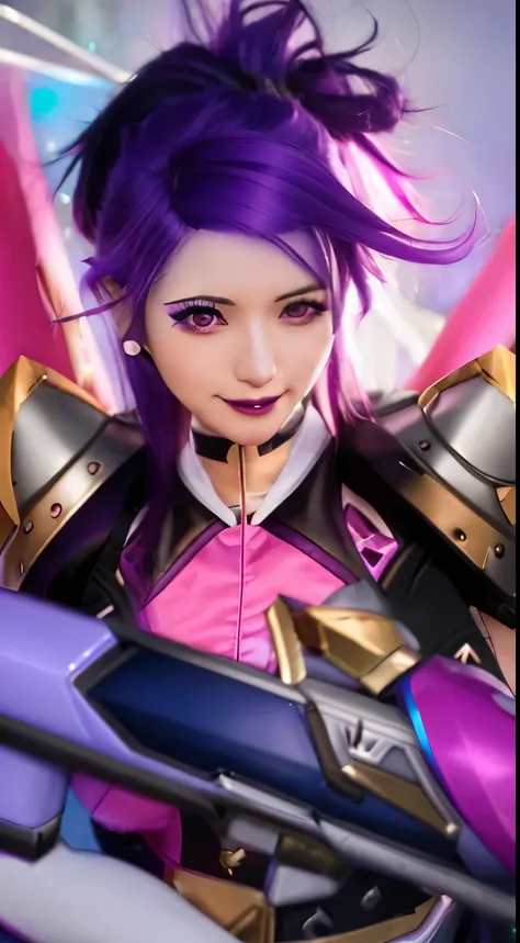 a close up of a person with a purple hair and a pink and white outfit, kda, irelia, sombra from overwatch, zenra taliyah, portrait knights of zodiac girl, vi from arcane, zarya, echo from overwatch, rossdraws cartoon vibrant, style artgerm, rossdraws 2. 0,...