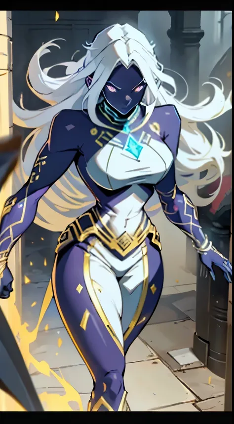 a beautiful and sexy megatrix woman with long white hair and yellow eyes who has a very sexy body wearing white superman armor w...