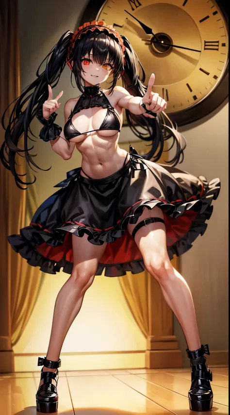 1 girl, bare shoulders, black hair, medium breasts, (muscular legs), muscular belly, wide hips, thin waist, (((clock eyes))), (wearing a very short and sexy bikini), with a pistol in each hand, (((in the motel room))), full body, hairband, (((pointing the ...