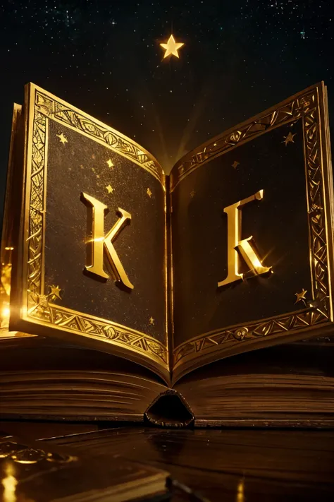 An image of an open old book. On top of the book there are two letters: JV, very detailed, the letters standing in the middle of the book, made of golden metal. The letters are large and ornate, and appear to be glowing. Around the book, there are stars an...