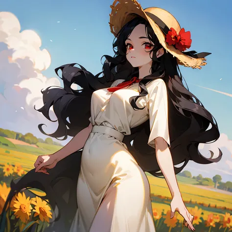 1female , Curvy , Black Hair , Red Eyes , Pale Skin , Strawhat , Sunny Sky , Farm Background , Wavy Hair , Long Hair