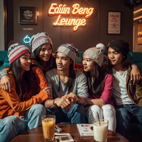 five indonesian people sitting on a couch with a neon sign in the background, teenager hangout spot, lounge background, sitting in a lounge, easygoing, lounge, everyone having fun, edwin long, group photo, fanart, a group of people, enes dirig, group portr...