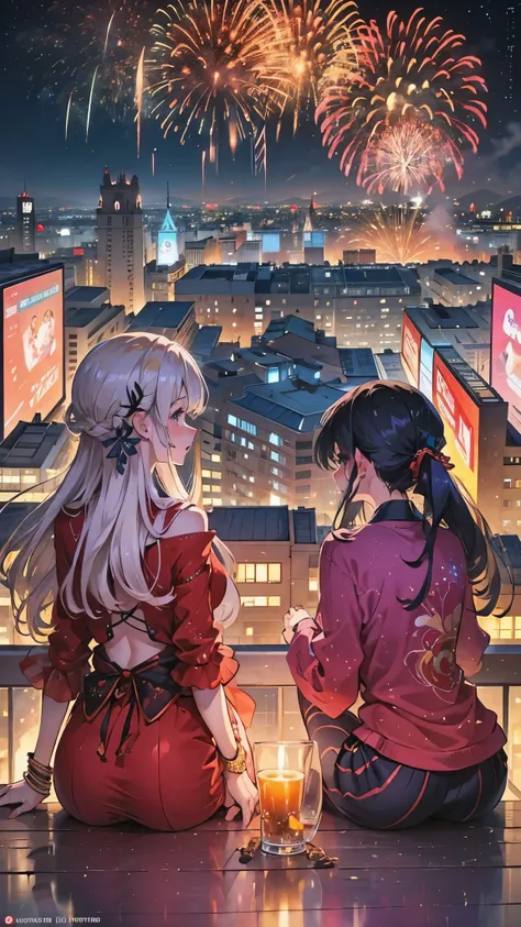 prompt:Generate a captivating anime scene featuring a boy and a girl sitting with their backs to the viewer on the rooftop of a building in Arequipa, Peru, while they enjoy the citys New Years Eve fireworks. The girl should be dressed in a dazzling fantasy...