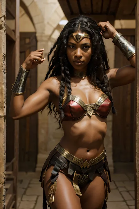 Wonder Woman in the black and African version would be a powerful and inspiring warrior, with physical and cultural characteristics that reflect African heritage. Ela teria uma pele de tom escuro e radiante, curly or braided hair, and expressive eyes that ...