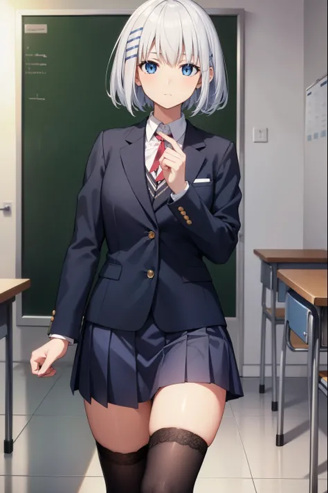 origamitobiichi, origami tobiichi, blue eyes, short hair, school uniform, white hair, hair clips, hair pins,
BREAK school uniform, white shirt, collared shirt, blazer, black blazer, long sleeves, skirt, blue skirt, kneehighs,
BREAK looking at viewer,
BREAK...
