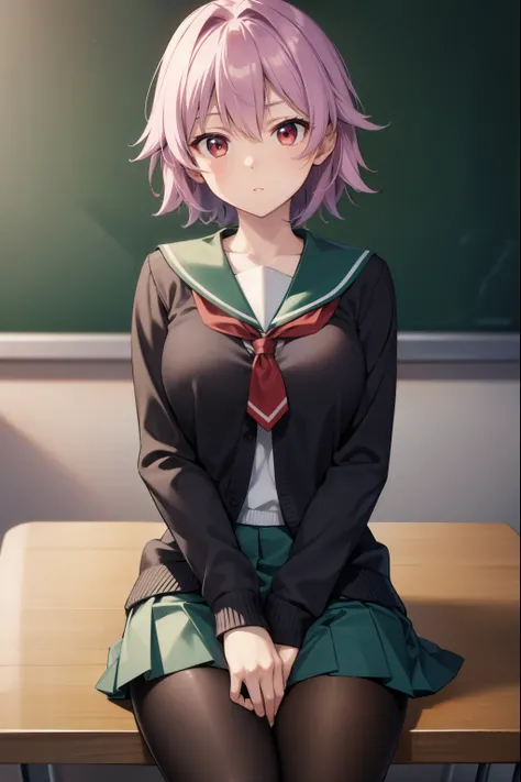 kantaitama, tama, hair between eyes, purple hair, short hair, (red eyes:1.5),
BREAK school uniform, serafuku, sailor collar, green sailor collar, cardigan, black cardigan, long sleeves, skirt, green skirt, pleated skirt, pantyhose, black pantyhose,
BREAK l...