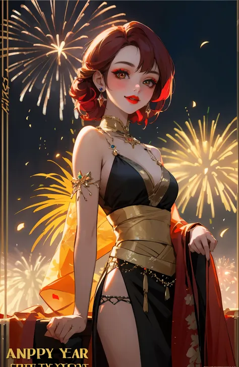 Best Quality, Masterpiece, Ultra HD, Ultra High Resolution, Ultra High Resolution, 16K Full HD New Year Poster, New Year Theme, 1 girl with saffron hair ornaments, earrings, red lips, beautiful face with delicate makeup,  the girl even more beautiful, the ...