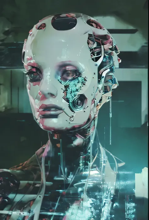 A close-up of a woman with a futuristic head and a futuristic face, O retrato da menina cyberpunk, arte digital cyberpunk, Estilo de arte cyberpunk, greg Bipe, Bipe masterpiece, cara bonita da menina cyberpunk, retrato cyberpunk, cyberpunk themed art, Bipe...