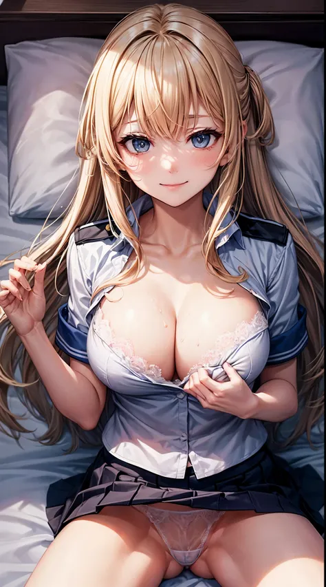 (((Skin exposed from disheveled uniform)))、((((make sexual advances))))、((((((Lie on the bed and spread your legs))))))、Nipples protruding from the bra、panties on、((feel shy))、((a blond))、beautiful  Girl、Large beautiful breasts、cleavage of the breast、A sle...