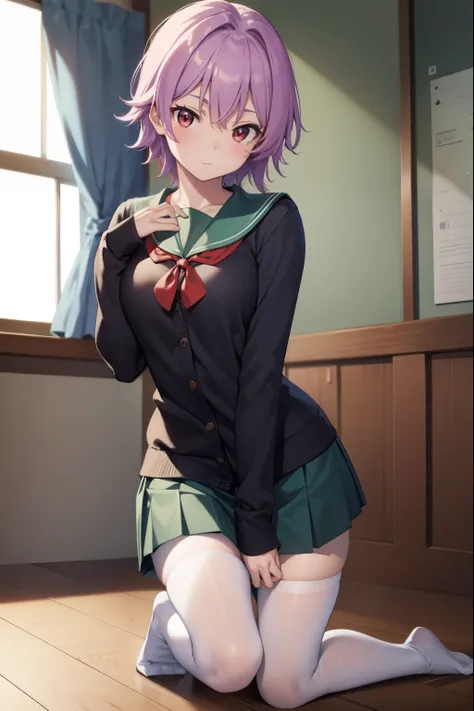 kantaitama, tama, hair between eyes, purple hair, short hair, (red eyes:1.5),
BREAK school uniform, serafuku, sailor collar, green sailor collar, cardigan, black cardigan, long sleeves, skirt, green skirt, pleated skirt, pantyhose, black pantyhose,
BREAK l...