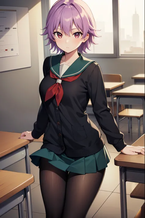 kantaitama, tama, hair between eyes, purple hair, short hair, (red eyes:1.5),
BREAK school uniform, serafuku, sailor collar, green sailor collar, cardigan, black cardigan, long sleeves, skirt, green skirt, pleated skirt, pantyhose, black pantyhose,
BREAK l...