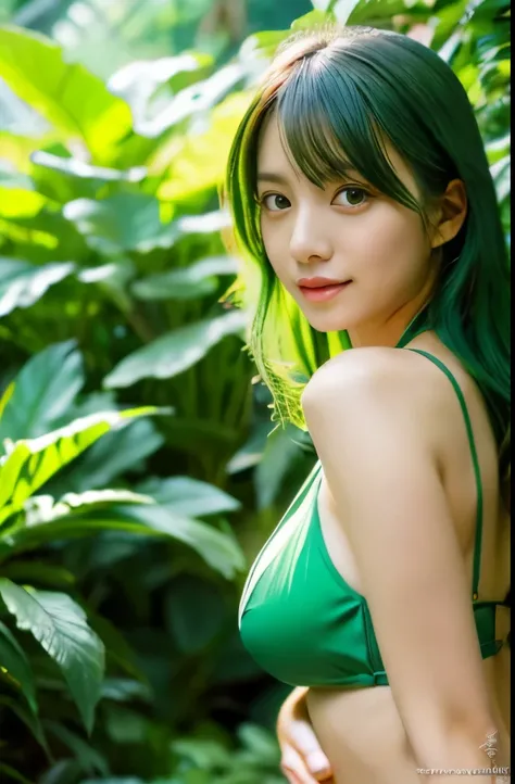 "8K resolution, RAW photo quality, Masterpiece level: 1.2, Photo-realistic style: 1.4, Extremely detailed 8K wallpaper, Cinematic lighting, Sharp focus, Full body, 20-year-old Japanese idol and actress, Perfect and shiny skin, Green hair, Green bikini, Lus...