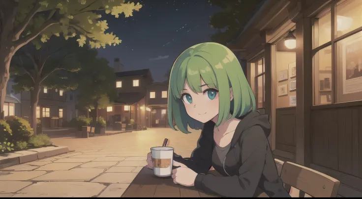 (((master part))), (((best quality: 1.4))), ((Super Detalhe: 1.4)) , 1girl, sitting, front view, ((looking at you)), green hair, coffee shop, illuminated street, outside, dark night, date night, tree