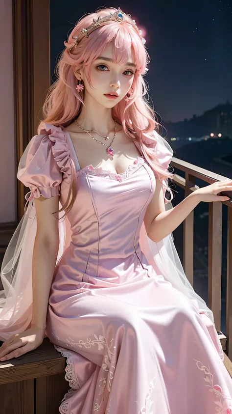 8k, masterpiece, 1 girl, beautiful face, very long hair, hair ornament, light makeup, detailed eyes, small breast, ultra detailed clothes, (pink princess dress:1.5), lace:1.5, ((closed up)), necklace, jewellery, amazing balcony background, sitting,