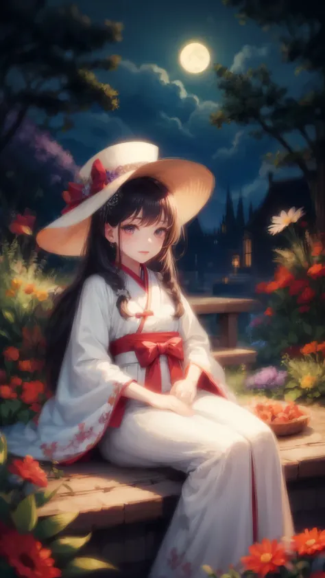 Best Quality, High_resolution, Distinct_image, Detailed background ,Girl, Hanbok,flower,garden,luna, night time,