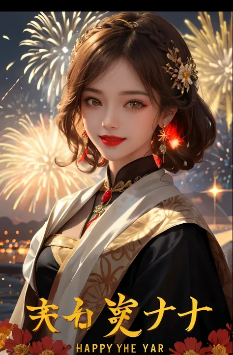 Best Quality, Masterpiece, Ultra HD, Ultra High Resolution, Ultra High Resolution, 16K Full HD New Year Poster, New Year Theme, 1 girl with safflower hair ornaments on her head, earrings, red lips, beautiful face, girl in gorgeous costume with delicate and...