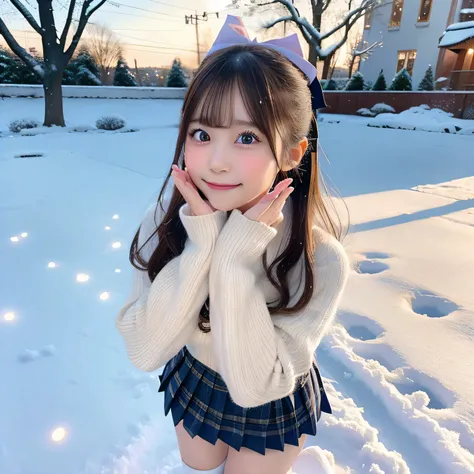 masutepiece, Best Quality,, Ultra-detailed, finely detail, hight resolution,girl in pleated miniskirt, School Uniforms、bow ribbon、Snowy landscape, Winter wonderland, Cute and innocent look, rosy cheeks, Sparkling eyes, warm winter clothes, Poses in motion,...