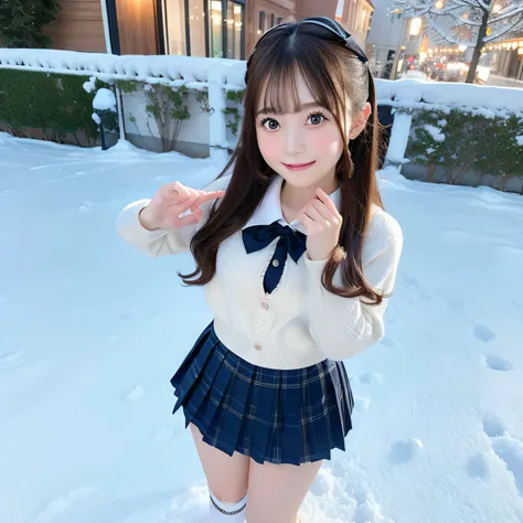 masutepiece, Best Quality,, Ultra-detailed, finely detail, hight resolution,girl in pleated miniskirt, School Uniforms、bow ribbon、Snowy landscape, Winter wonderland, Cute and innocent look, rosy cheeks, Sparkling eyes, warm winter clothes, Poses in motion,...