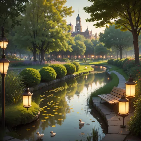 (Evening Park). Calm, Quiet street, lanterns, Benches, Bower. summertime. ((in the distance there is a small pond with ducks))