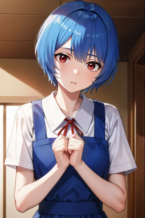 reiayanami, rei ayanami, blue hair, short hair, (red eyes:1.5),
BREAK blue dress, dress, neck ribbon, pinafore dress, red ribbon, ribbon, school uniform, short sleeves, short-sleeved sweater, sweater,
BREAK outdoors, city,
BREAK looking at viewer, 
BREAK (...