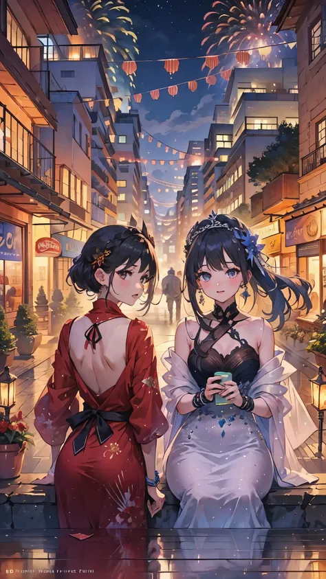 prompt:Generate a captivating anime scene featuring a boy and a girl sitting with their backs to the viewer on the rooftop of a building in Arequipa, Peru, while they enjoy the citys New Years Eve fireworks. The girl should be dressed in a dazzling fantasy...