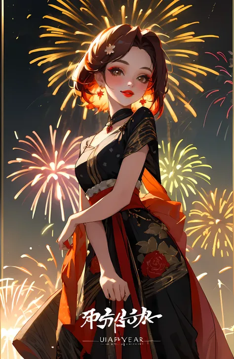 Best quality at best, tmasterpiece, hyper HD, 超高分辨率, 超高分辨率, 16K Full HD New Year Poster, New Years theme, 1 girl with saffron hair accessory, 耳Nipple Ring, Redlip, Beautiful face and exquisite makeup,  The girl is more beautiful, girl wearing gorgeous clot...