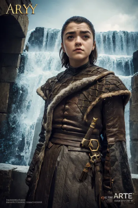 cinematic poster, Arte centrada, 1 girl, solo, ((sozinho)), (((only one character))),  Arya Stark, Rosto de Maisie Williams, rosto de Arya Stark, fantasia de arya stark, Roupas de Arya Stark, A Guerra dos Tronos,,  Game of Thrones, Gothic colors, climate o...