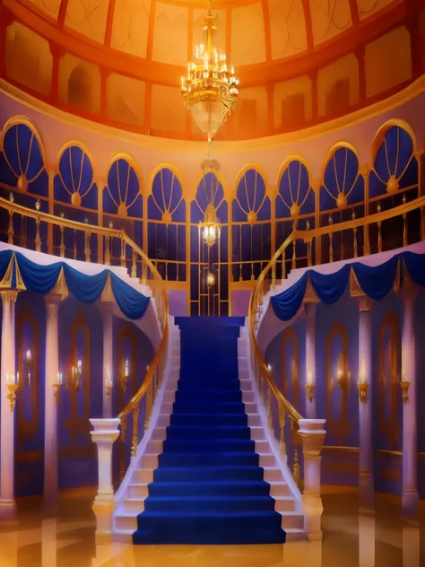 a close up of a staircase with a blue carpet and a chandelier, wide grand staircase, large staircase, 1 staircase, in a futuristic desert palace, luxurious environment, futuristic persian palace, royal interior, glamorous setting, dramatic theming, stairca...