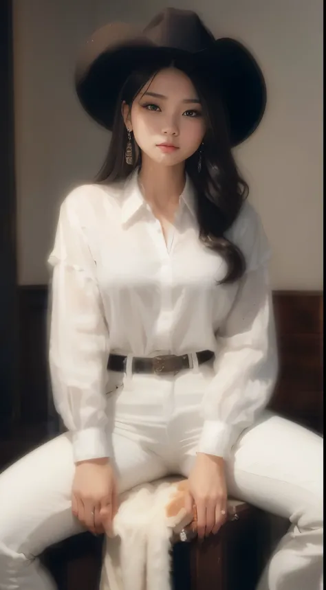 Beautiful, Masterpiece, Best Quality, extremely detailed face,  perfect  lighting, 1girl, 独奏,  GiovannaMS, Cowboy shot, white  shirt, Black pants, sitting, Spread legs