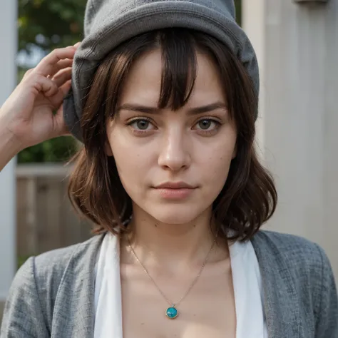 (Bitte erstellen Sie ein Bild einer jungen Frau, who wears a blue shirt and a necklace. Sie hat braune Haare, larger, eBlaue Augen, und eine subtile, Natural makeup. Das Foto sollte zeigen, that she doesn&#39;t wear any obvious makeup, Sie sollte direkt in...