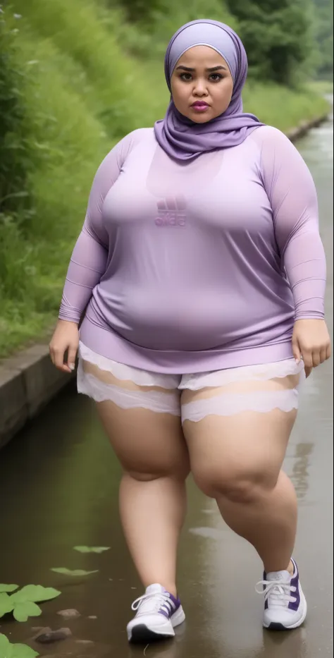 ((HIJAB MALAY GIRL)), ((BBW)), SHORTS, HUGE WIDE BUTT, WIDE BUTT, 63 YEAR OLD METURE womens, METURE womens, (LIGHT PURPLE LIPS), (ADIDAS SNEAKERS), (TIGH SKIRT), walking in style on a Village river, (ANGRY FACE EXPRESSION), TRANSPARENT, STAYING, THICK FOG....