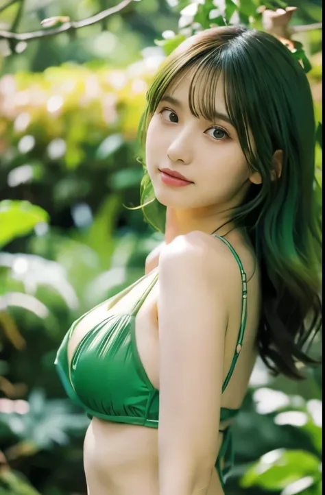 "8K resolution, RAW photo quality, Masterpiece level: 1.2, Photo-realistic style: 1.4, Extremely detailed 8K wallpaper, Cinematic lighting, Sharp focus, Full body, 20-year-old Japanese idol and actress, Perfect and shiny skin, Green hair, Green hair, Green...