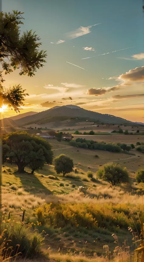 Create a beautiful image of a green savannah with some plane trees and a mountainous horizon, under an orange night sky, e um sol radiante.