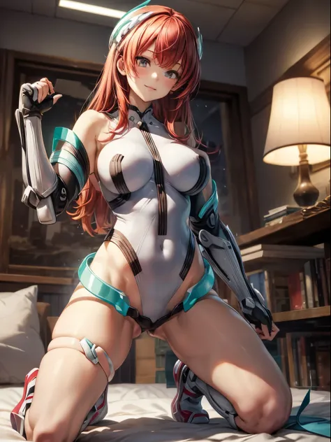 top-quality、Full limbs、complete fingers、one beautiful women、Beautiful busty woman、Women with straight hair、((Woman with red hair:1.3))、((deva battle suit:1.3))、Naughty Poses、bedroom、a bed、Kneeling、A big smile