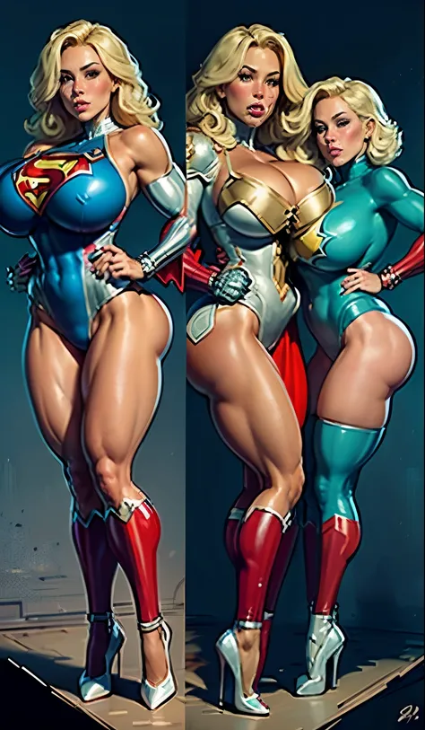 ((1girl, theofficialpit, thepit)), An full body portrait of a blonde suburban housewife milf dressed as powergirl:1.5, white llongsleeved leotard with cutout circle in chest:1.4, very wide round face:1.3, (((wearing white leotard with gravity cleavage, fat...