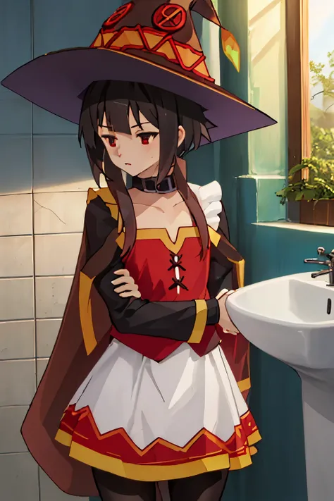 master part, best quality, ultra-detalhado, Sharp, Epic lighting, cinematic  composition, 1girl, sozinho, Megumin(Konosuba), fofo, cabelos castanhos , short hair, medium breasts, (cabelo curto), red eyes, (roswaal mansion maid uniform:1.1), baré shoulders,...