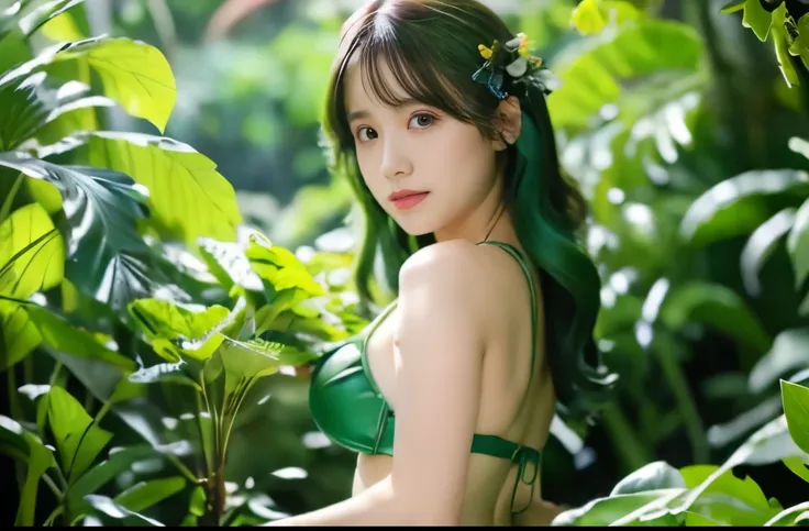 "8K resolution, RAW photo quality, Masterpiece level: 1.2, Photo-realistic style: 1.4, Extremely detailed 8K wallpaper, Cinematic lighting, Sharp focus, Full body, 20-year-old Japanese idol and actress, Perfect and shiny skin, Green hair, Green hair, Green...