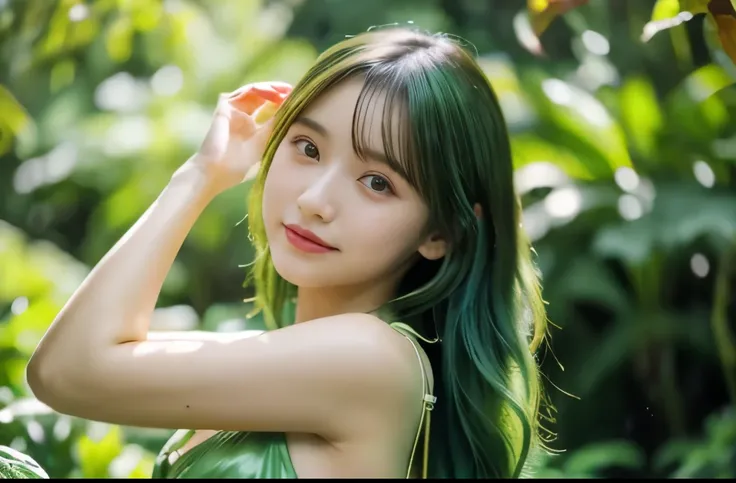 "8K resolution, RAW photo quality, Masterpiece level: 1.2, Photo-realistic style: 1.4, Extremely detailed 8K wallpaper, Cinematic lighting, Sharp focus, Full body, 20-year-old Japanese idol and actress, Perfect and shiny skin, Green hair, Green hair, Green...