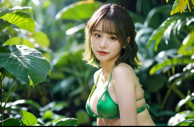 "8K resolution, RAW photo quality, Masterpiece level: 1.2, Photo-realistic style: 1.4, Extremely detailed 8K wallpaper, Cinematic lighting, Sharp focus, Full body, 20-year-old Japanese idol and actress, Perfect and shiny skin, Green hair, Green hair, Green...