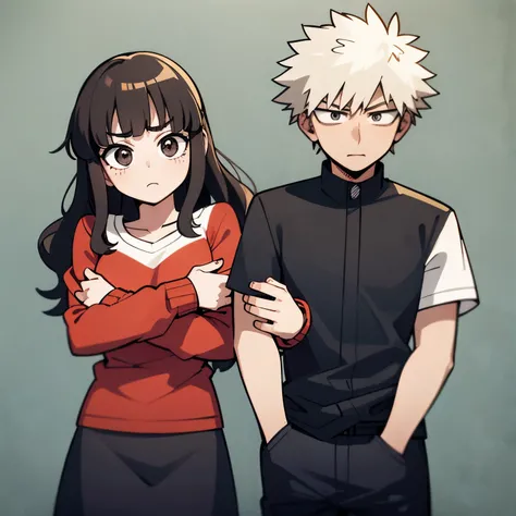 2pessoas / Katsuki Bakugo usando seu uniforme de heroi, with neutral expression, holding in his arms a girl with long, curly brown hair, com vestido preto e olhos castanho, bem ruborizada, com um fundo de uma ponte.